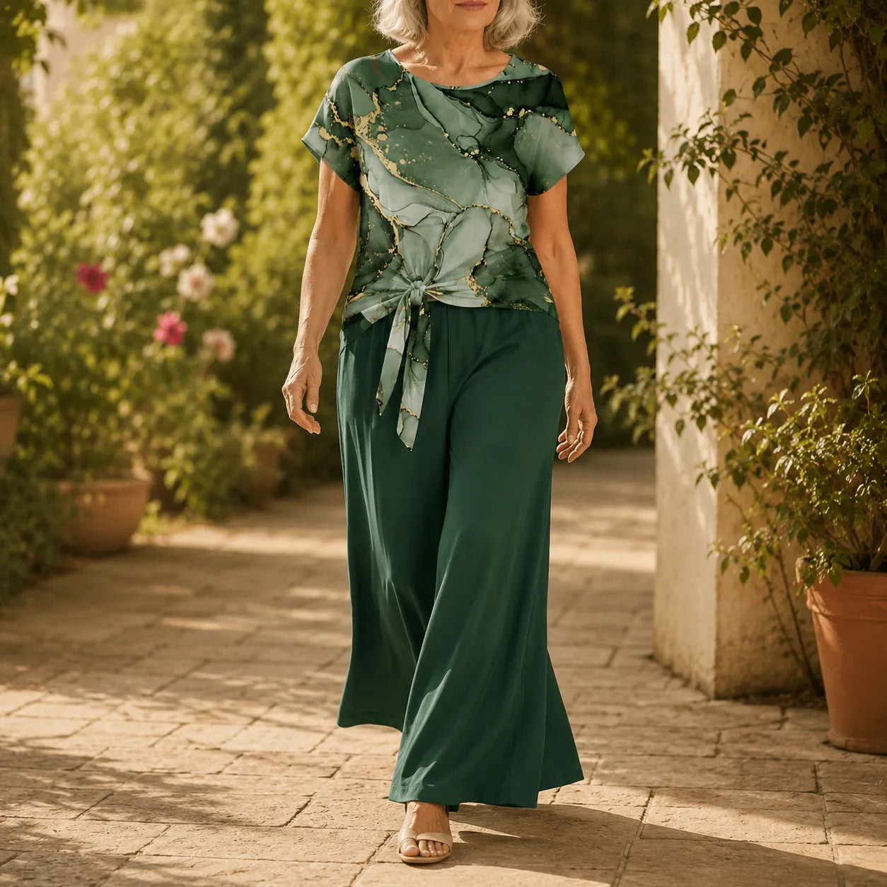 Marovelle – Marble Print Knot-Front Top and Wide-Leg Pants Set