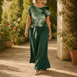 Marovelle – Marble Print Knot-Front Top and Wide-Leg Pants Set