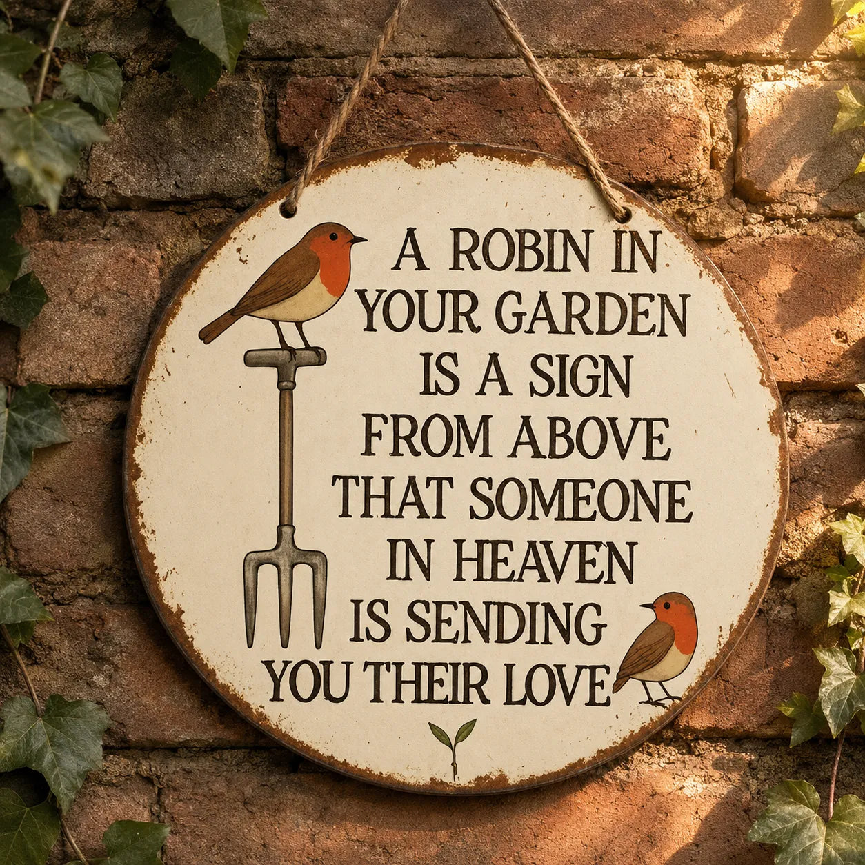 Rosethorne – Vintage Robin Memorial Garden Sign, Round Plaque with Robin Verse