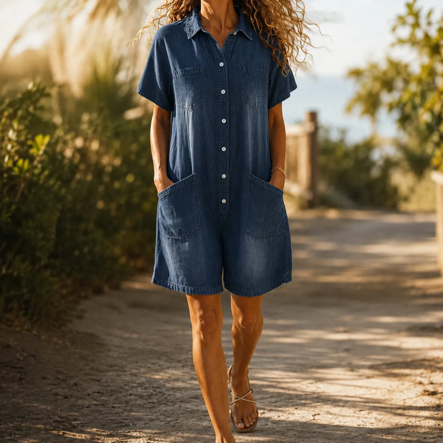 Sunova – Short Sleeve Denim-like Romper Jumpsuit with Pockets