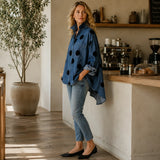 Marevelle – Oversized Polka Dot Denim Shirt with Stand Collar