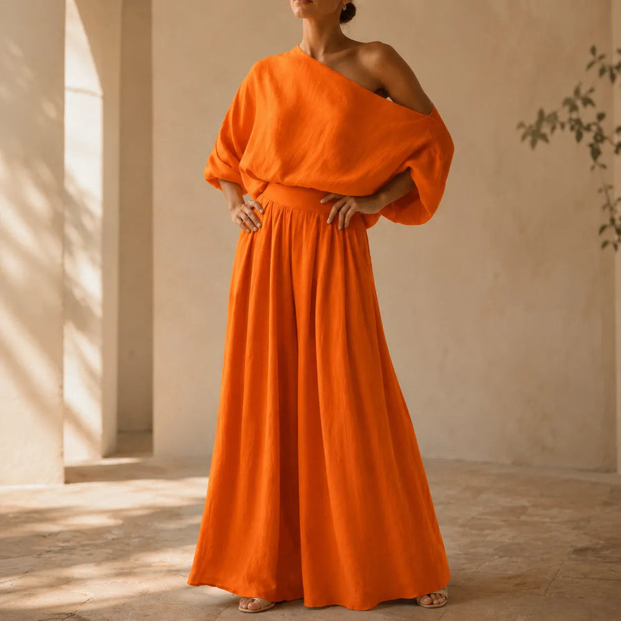 Solendra – Coordinated One-Shoulder Top and Flowing Wide-Leg Pants
