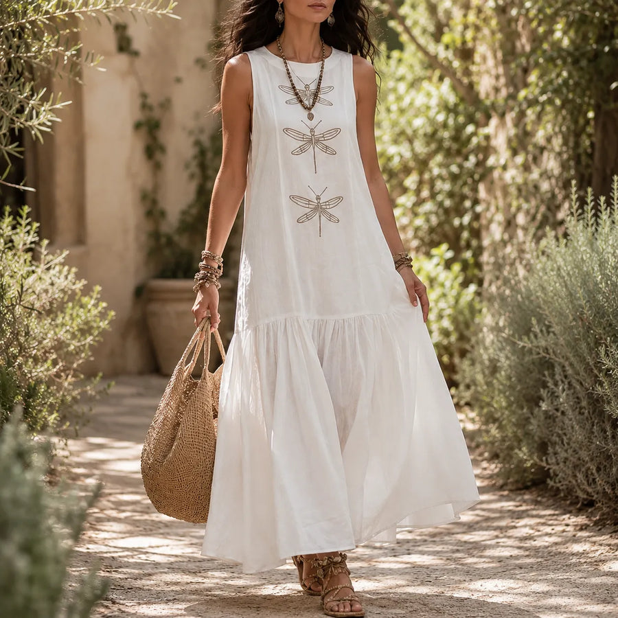Solenne – Sleeveless Dragonfly Maxi Dress with Drop Waist