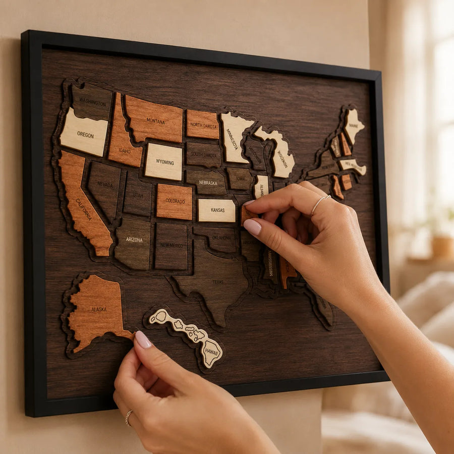Wanderoak – Wooden USA Travel Map with 3D State Pieces