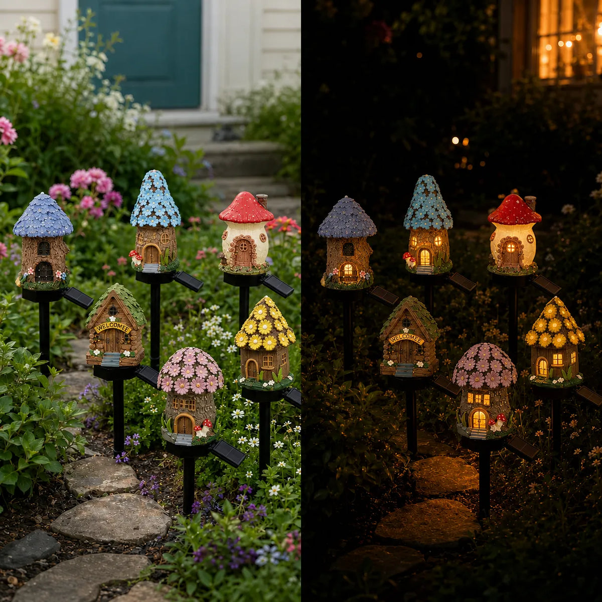 Lunavia – Solar Fairy Cottage Garden Stake Light, Hand-Sculpted Resin, Auto-On Warm LED