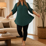 Drapella – Geometric Print V-Neck Tunic Blouse with Roll-Tab Sleeves
