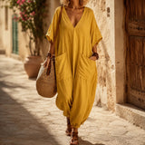 Solunya – Loose V-Neck Summer Jumpsuit with Deep Pockets, Batwing Sleeves, 6 Colors