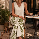 Solavia – Effortless 2 Piece Set, Sleeveless V-Neck Top and Wide-Leg Printed Pants