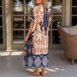 Marivelle – Coastal Damask V-Neck Loose Midi Dress for Women