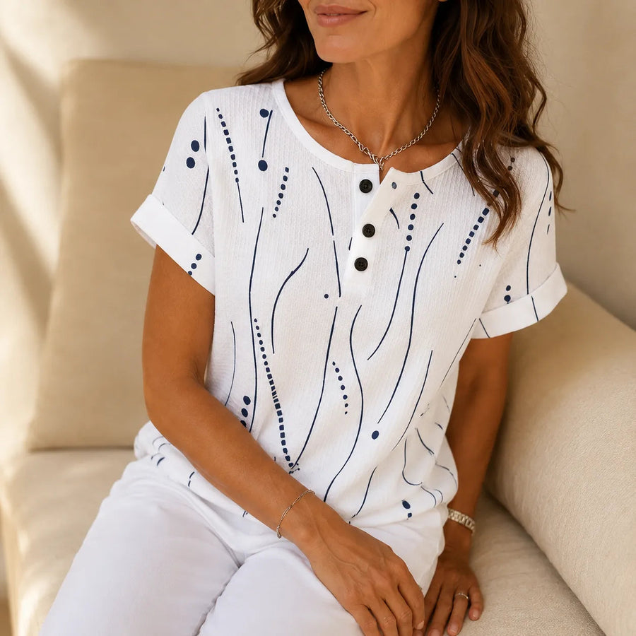 Marellia – Abstract Print Waffle Top with Button Placket