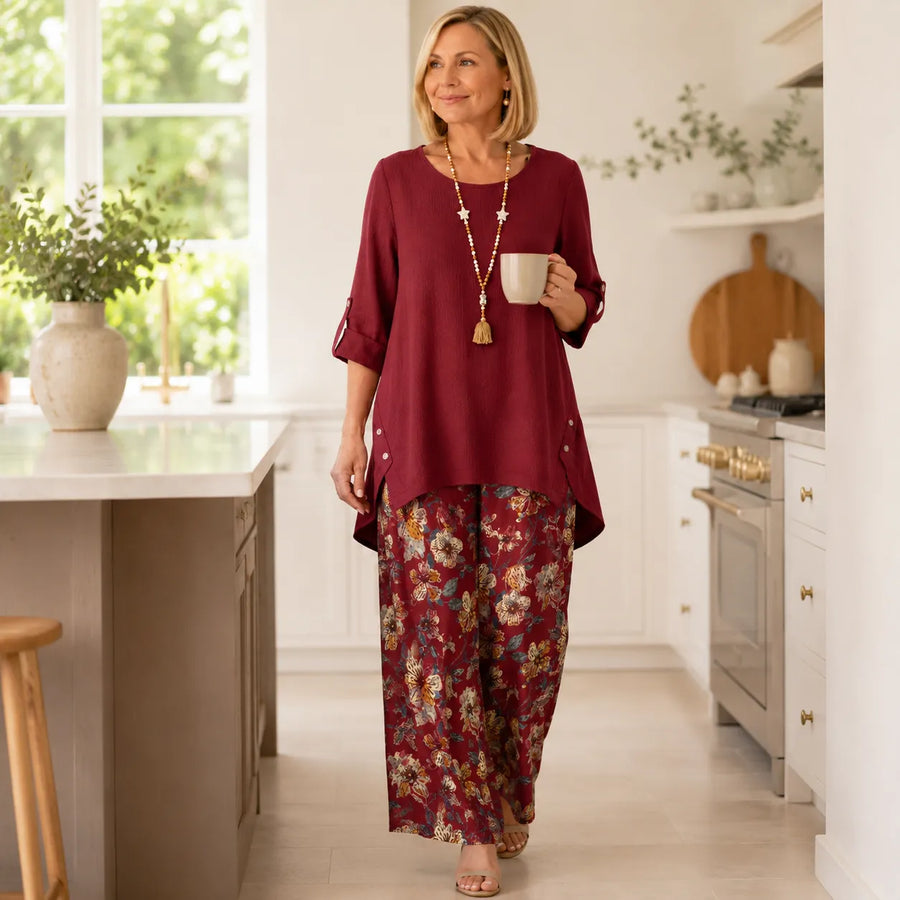 Solvea – Women's Draped High-Low Tunic & Wide-Leg Pants Set