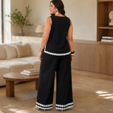 Marovée – Sleeveless Top & Wide Leg Pants Set with Crochet-like Trim Details