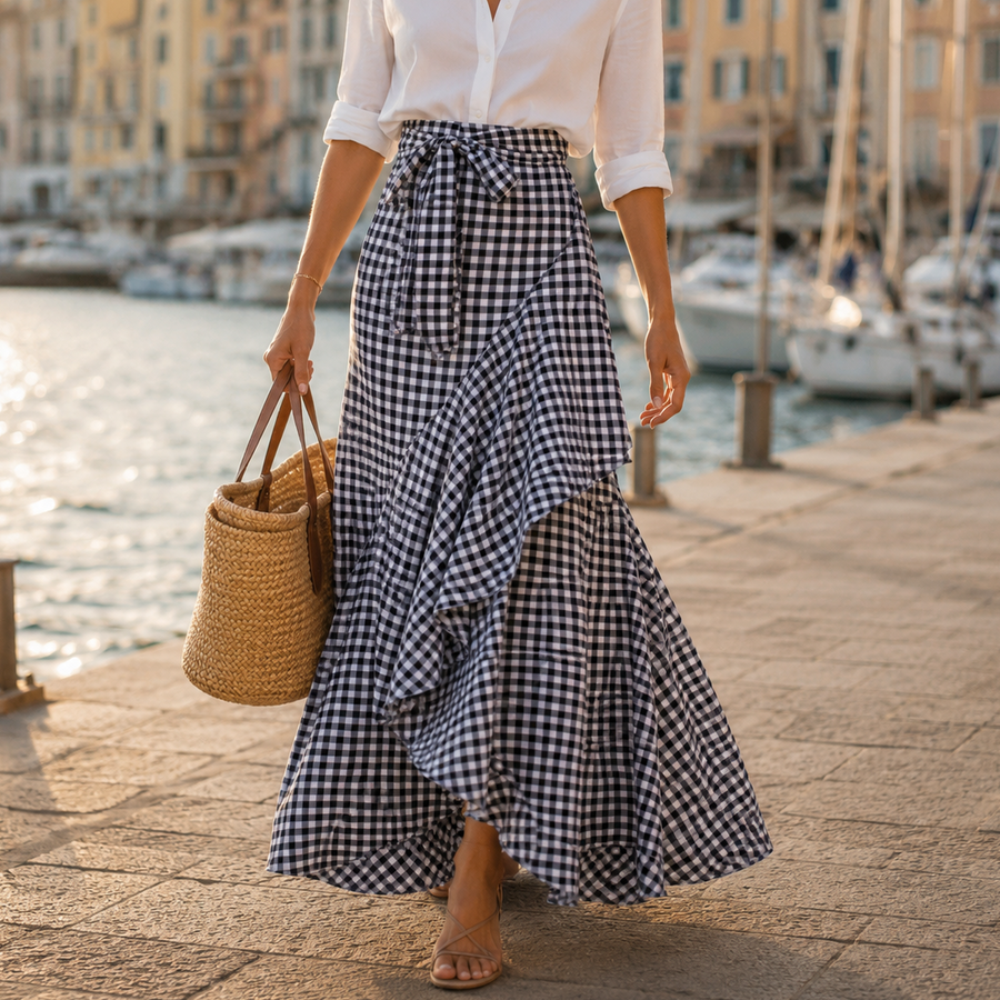 Veluna – Gingham Asymmetrical Ruffle Maxi Skirt for Women