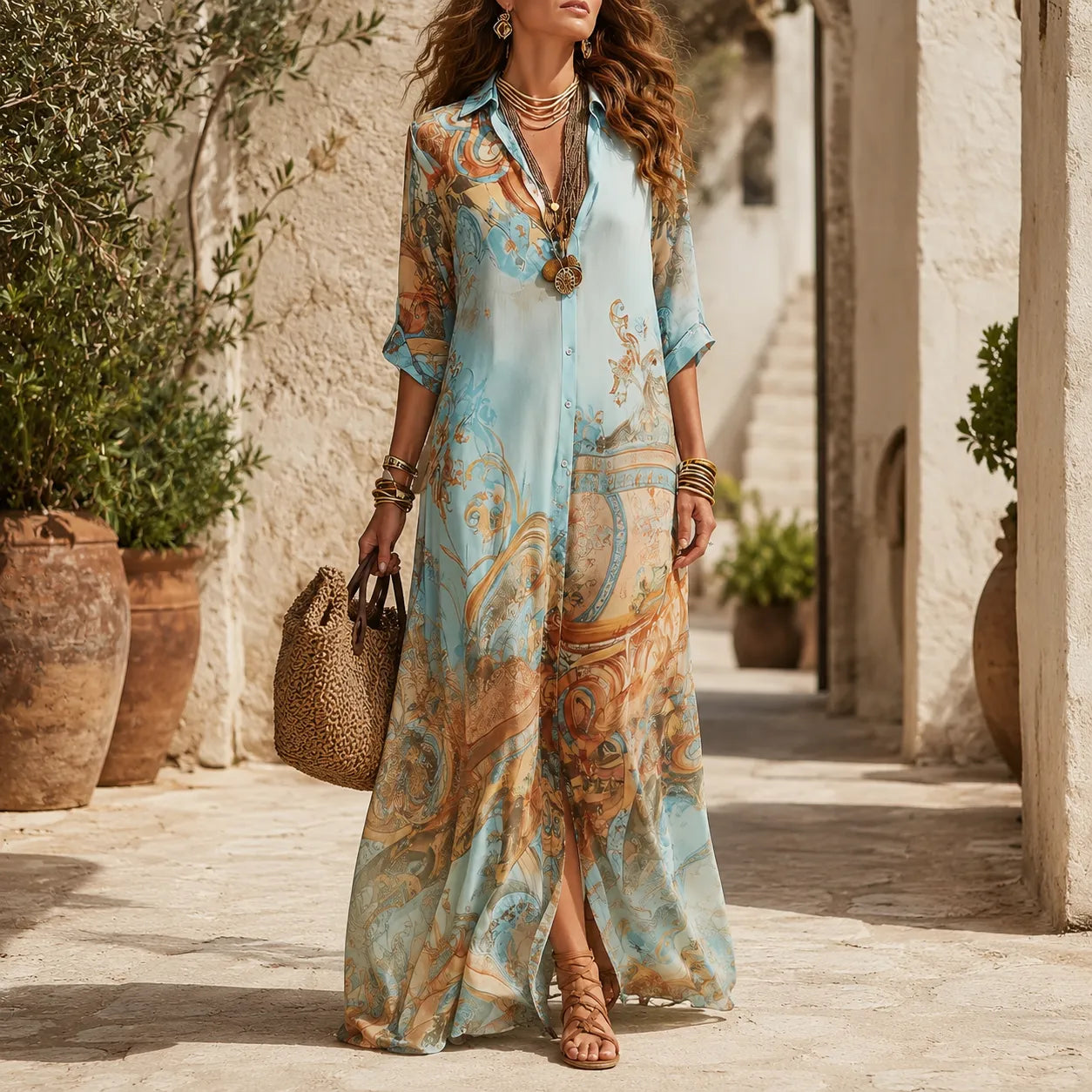 Solmare – Mediterranean Baroque Print Chemisier Maxi Dress