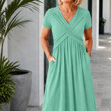 Marabelle – V-Neck Cross-Front Pleated Midi Dress with Pockets