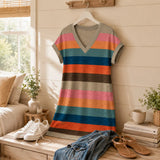 Marlowen – Striped V-Neck Knit T-Shirt Dress for Women, Soft Summer Casual