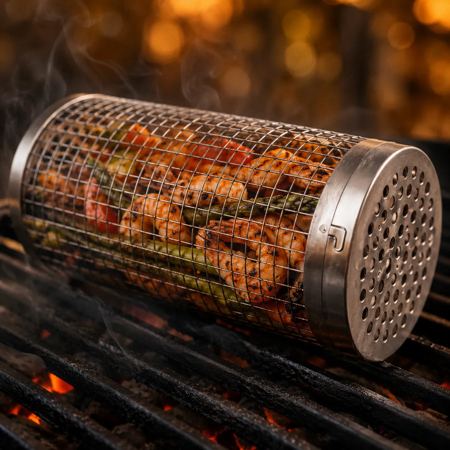 Rollwell – Rolling Stainless Mesh Grill Basket with Hook