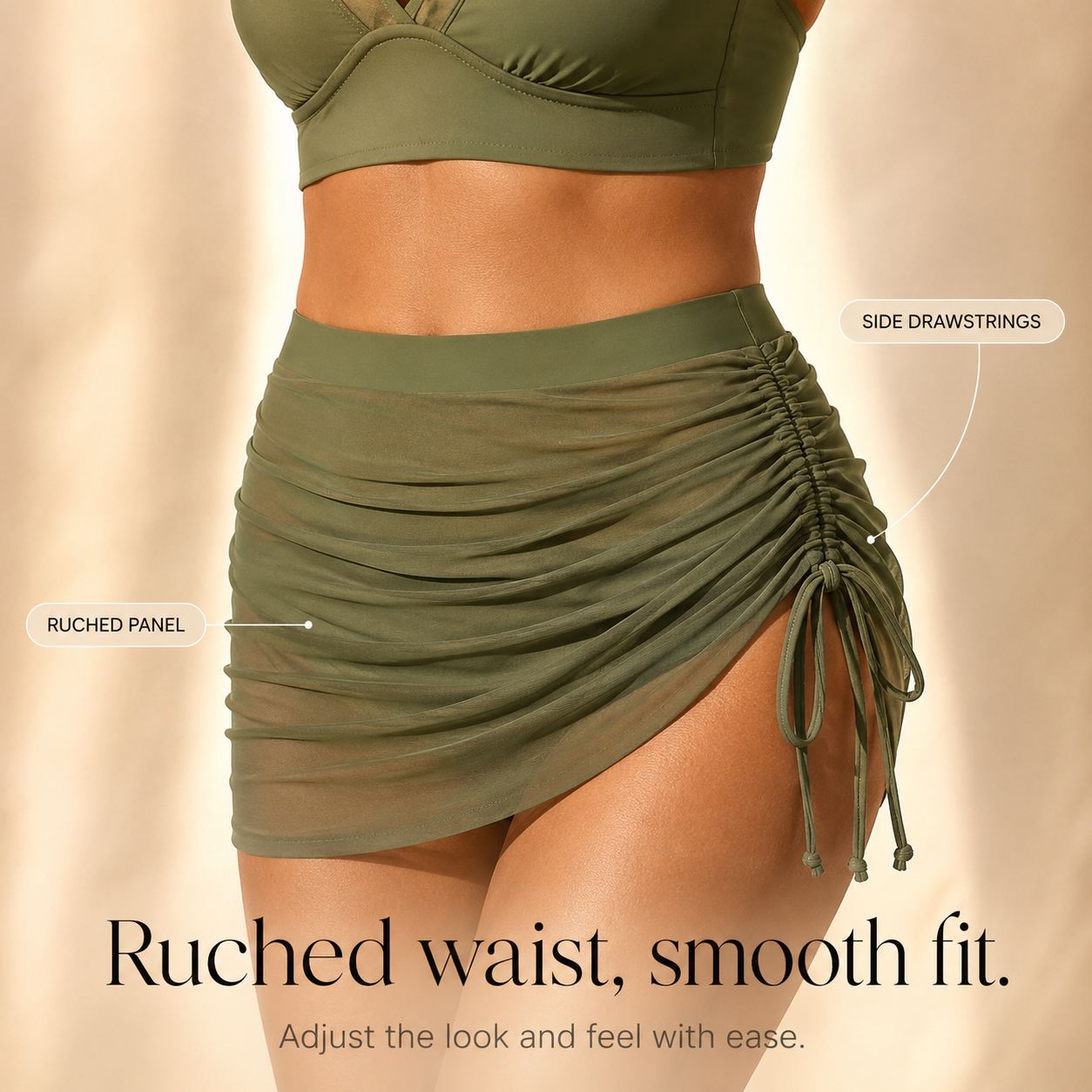 Solivia – High Waist 3-Piece Swim Set with Mesh V-Top, Ruched Skirt & Sheer Overlay