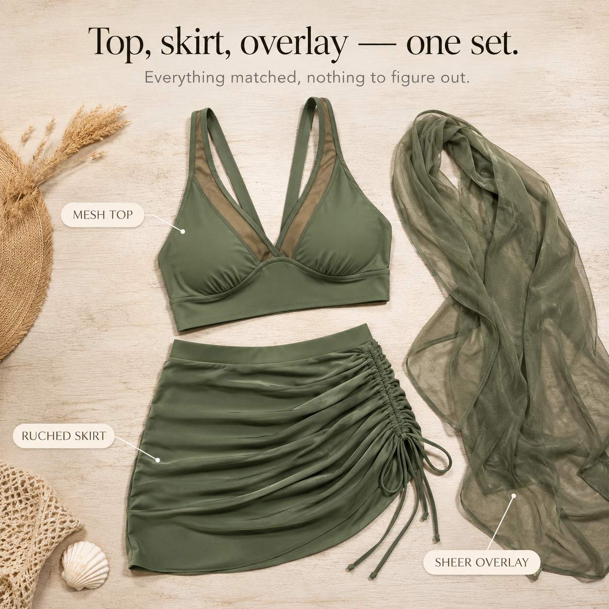 Solivia – High Waist 3-Piece Swim Set with Mesh V-Top, Ruched Skirt & Sheer Overlay