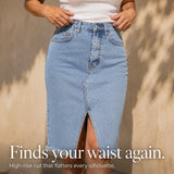 Marivel – High Waisted Denim Midi Skirt with Front Slit and Frayed Hem