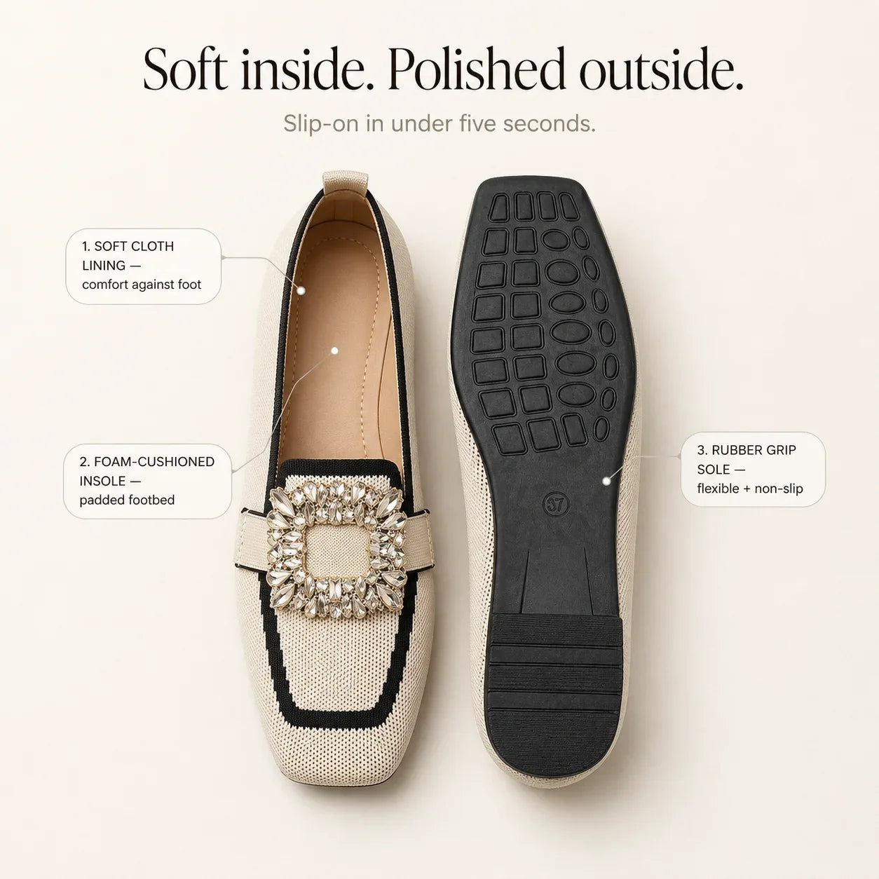 Vellora – Crystal Buckle Knit Loafers, Square Toe Slip-On Flats for Women
