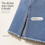 Marivel – High Waisted Denim Midi Skirt with Front Slit and Frayed Hem