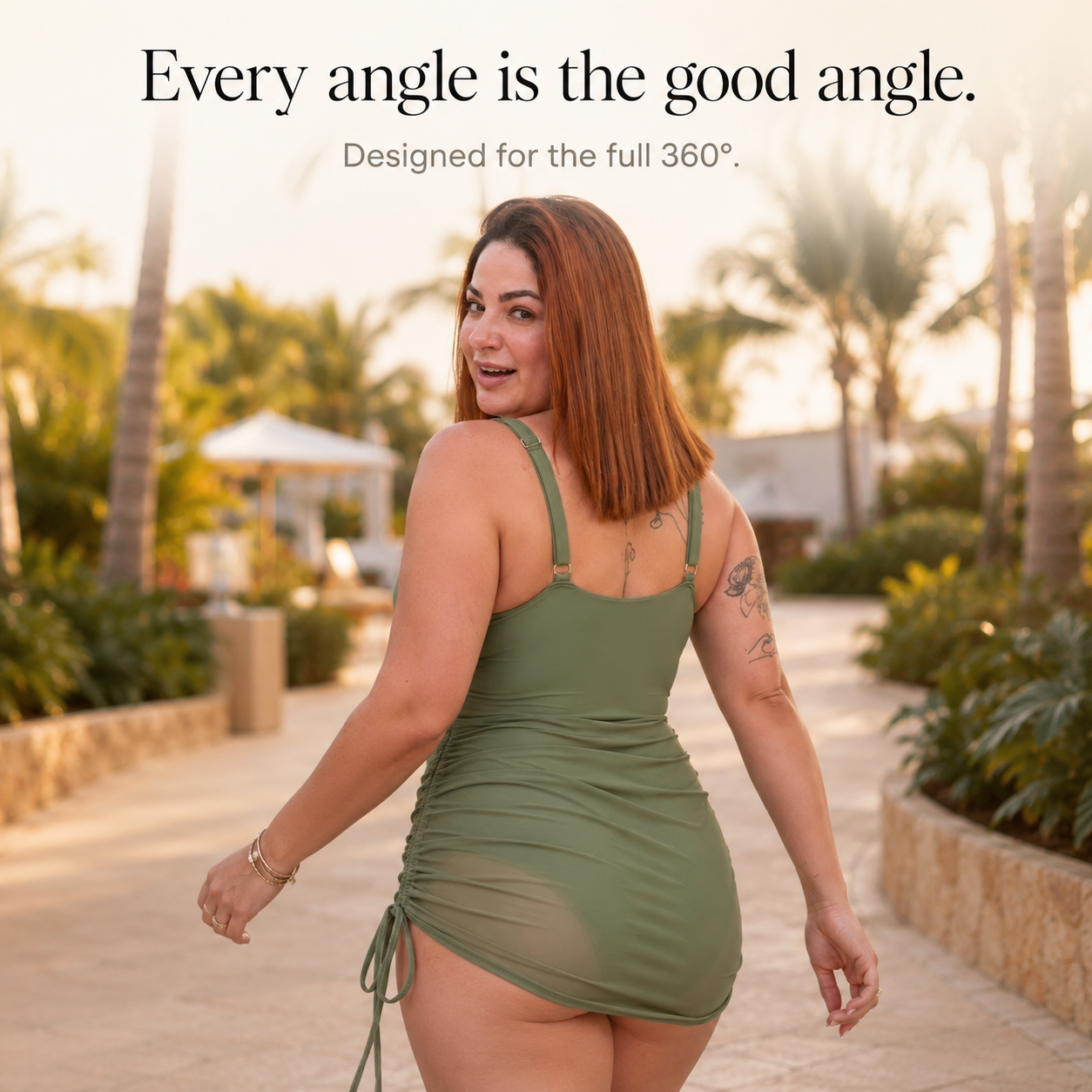 Soliva – Ruched Mesh Waist One Piece Swimsuit with Built-in Skirt