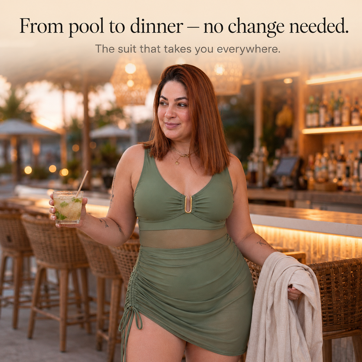 Soliva – Ruched Mesh Waist One Piece Swimsuit with Built-in Skirt