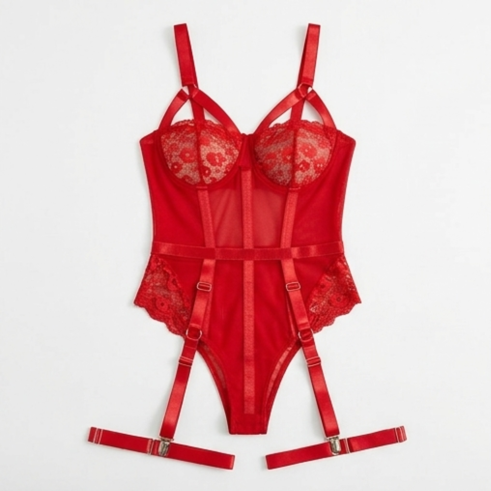 Noxelle – Women's Skull Lace Corset Bodysuit with Garter Straps