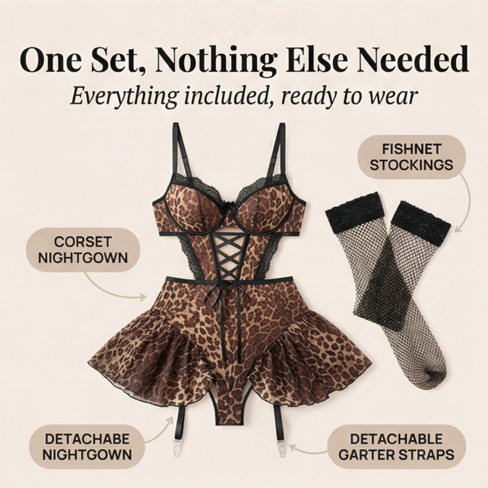 Nocturra – Women's Lace Corset Nightgown Set with Fishnet Stockings