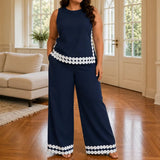 Marovée – Sleeveless Top & Wide Leg Pants Set with Crochet-like Trim Details