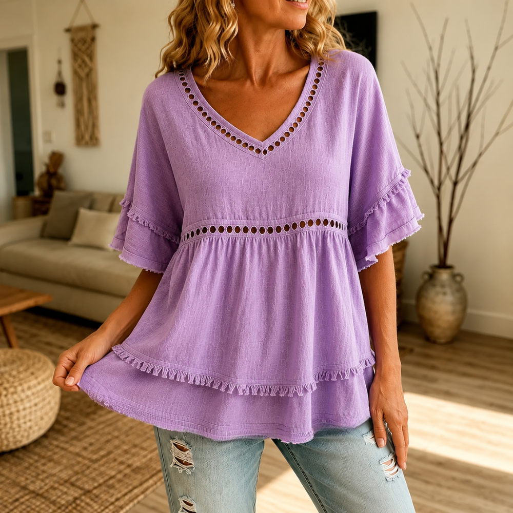 Meloria – Bohemian Babydoll Top with Eyelet Cutouts and Fringe Hem