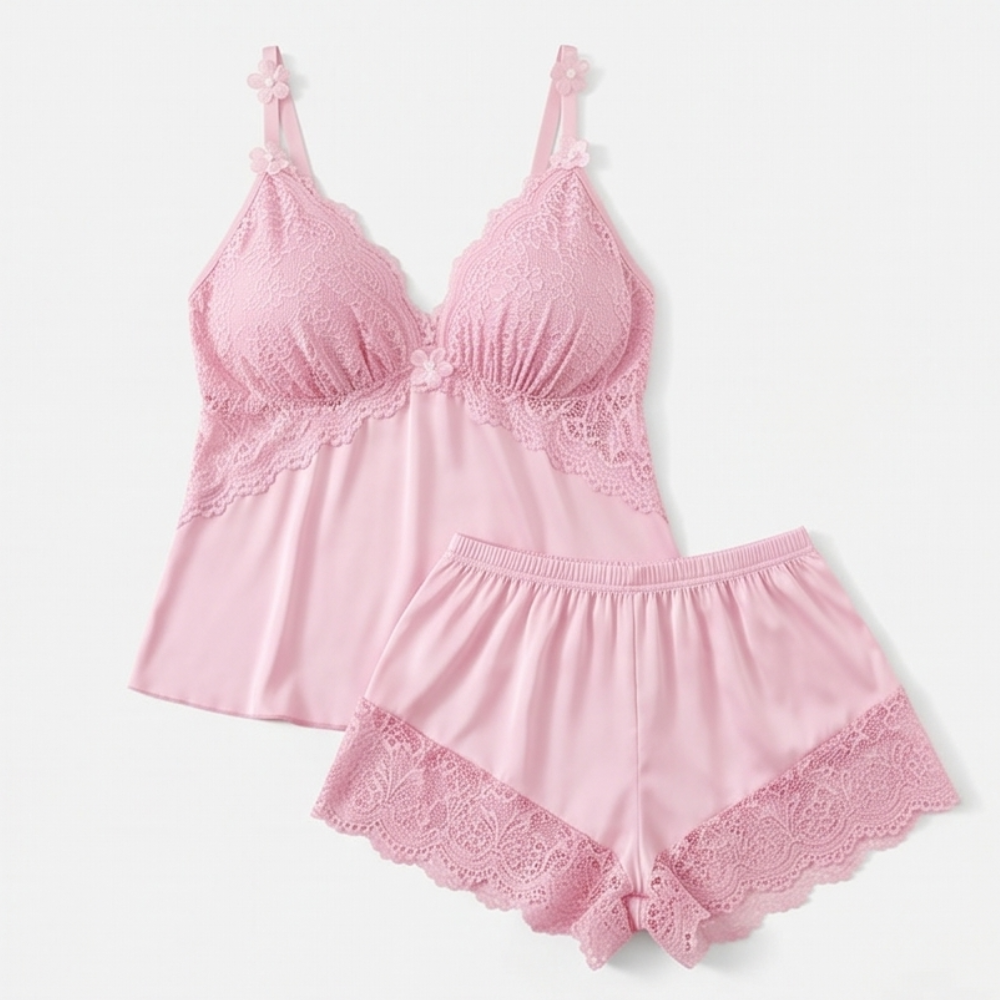 Lunessa – Lace Trim Satin Pajama Set