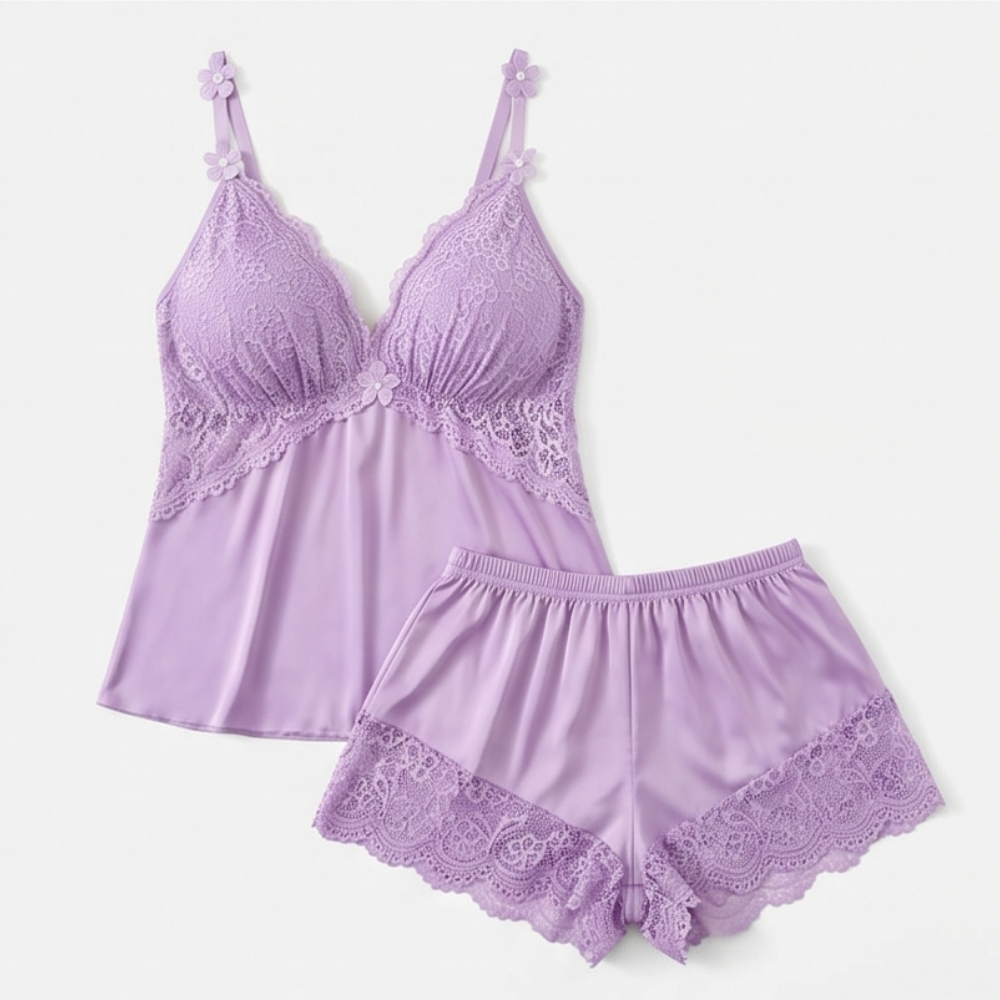 Lunessa – Lace Trim Satin Pajama Set