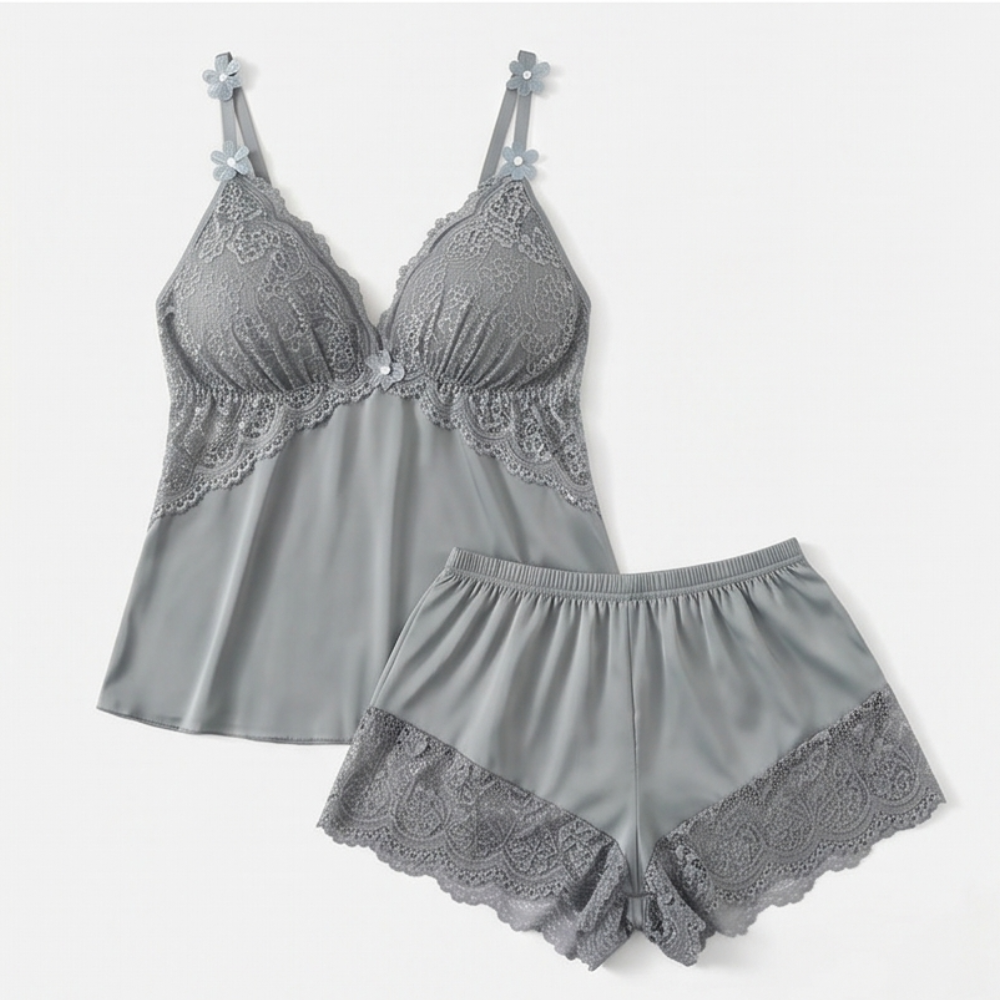 Lunessa – Lace Trim Satin Pajama Set