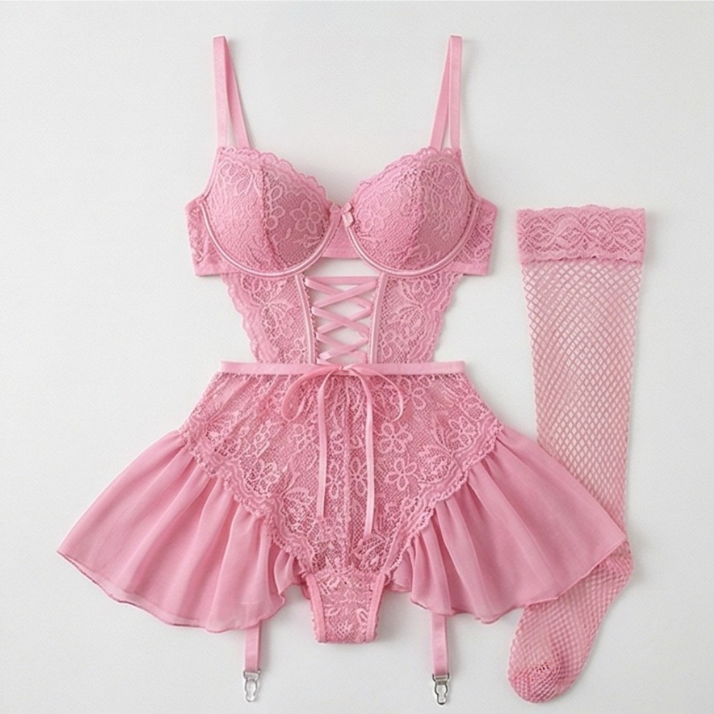 Nocturra – Women's Lace Corset Nightgown Set with Fishnet Stockings
