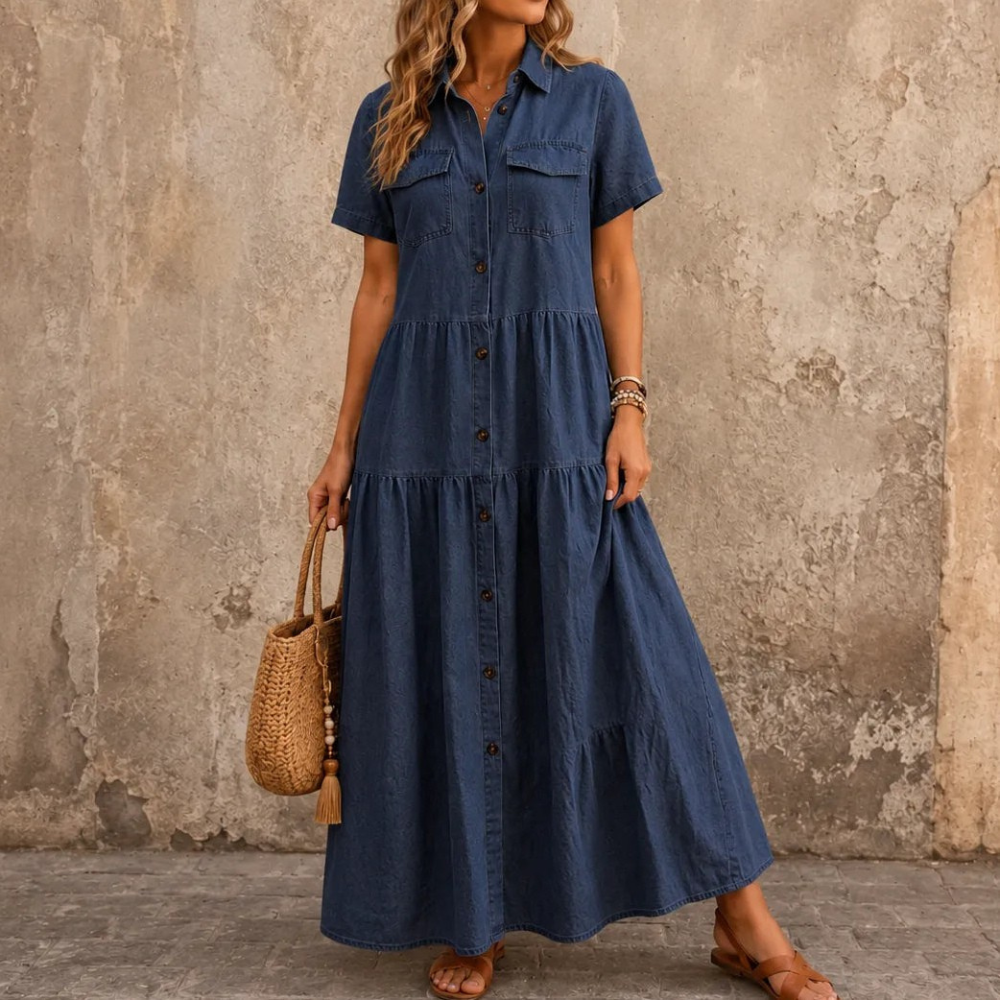 Marielle – Tiered Button-Front Denim-like Maxi Dress with Pockets