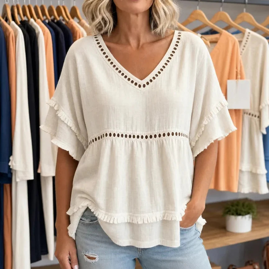 Solavie – Boho V-Neck Fringe Trim Tunic Top for Women