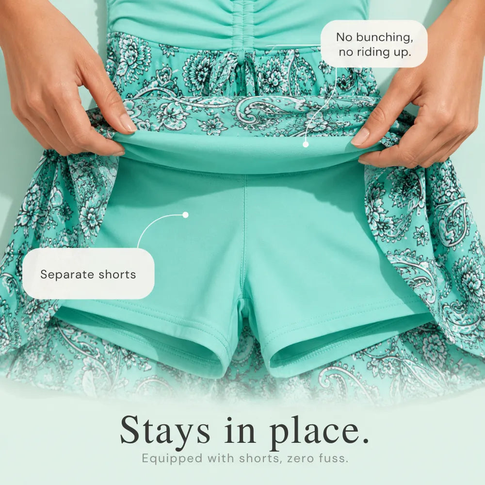 Marelle – Skirted Swim Dress with Built-In Shorts, Ruched Tummy Control