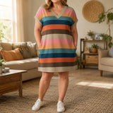 Marlowen – Striped V-Neck Knit T-Shirt Dress for Women, Soft Summer Casual