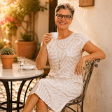 Ingrid – Linen Look Midi Shift Dress with Abstract Print, Cap Sleeve