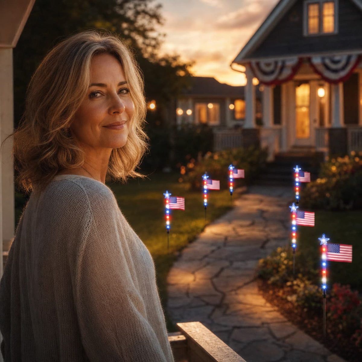 Stargrove – Solar American Flag Light Stakes, 8-Piece Set for 4th of July Walkway & Yard Decor