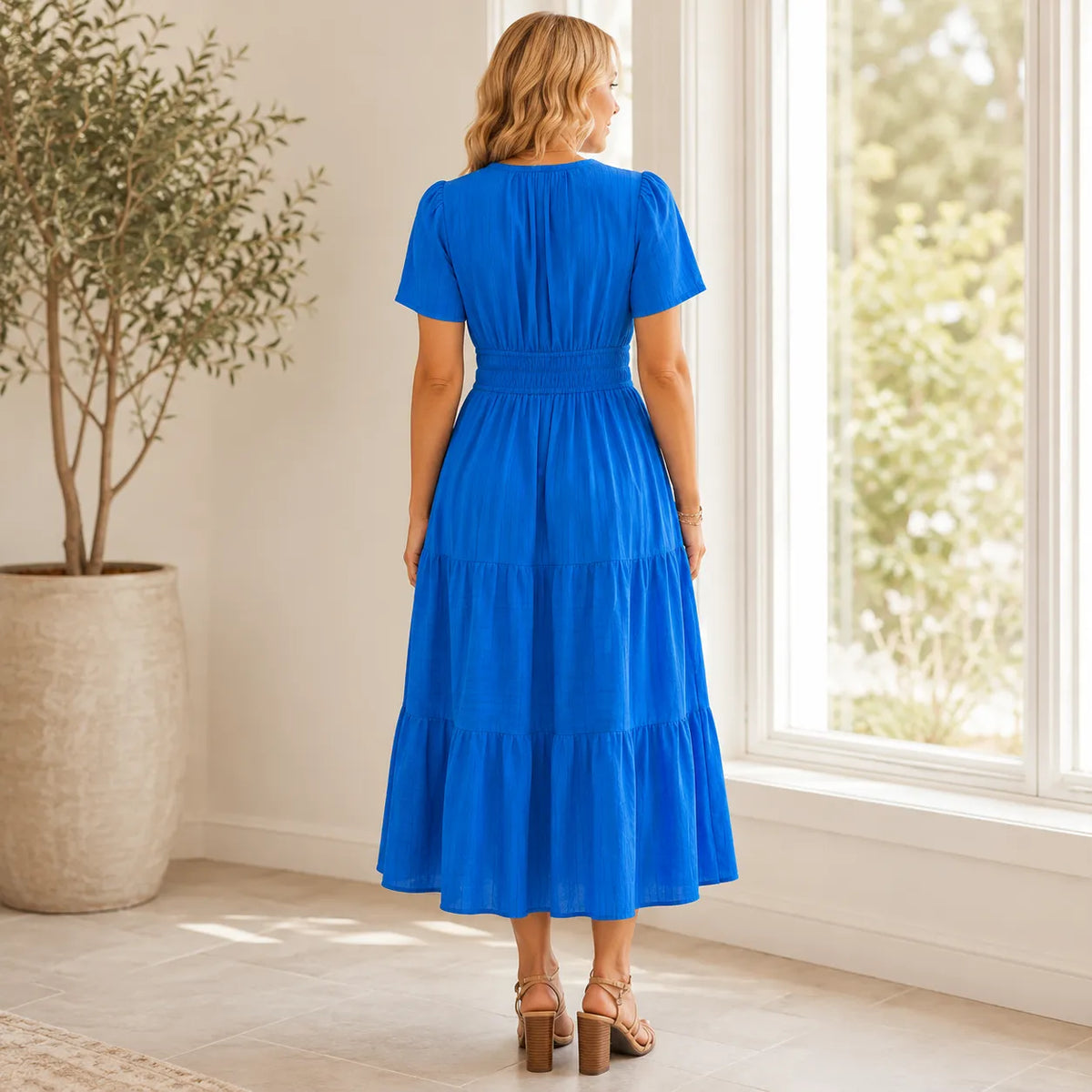 Willowen – V-Neck Tiered Midi Dress with Pockets, Short Sleeve, Ruched Waist