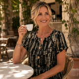 Solara – Printed A-Line Shift Dress with Short Sleeves & Buttons