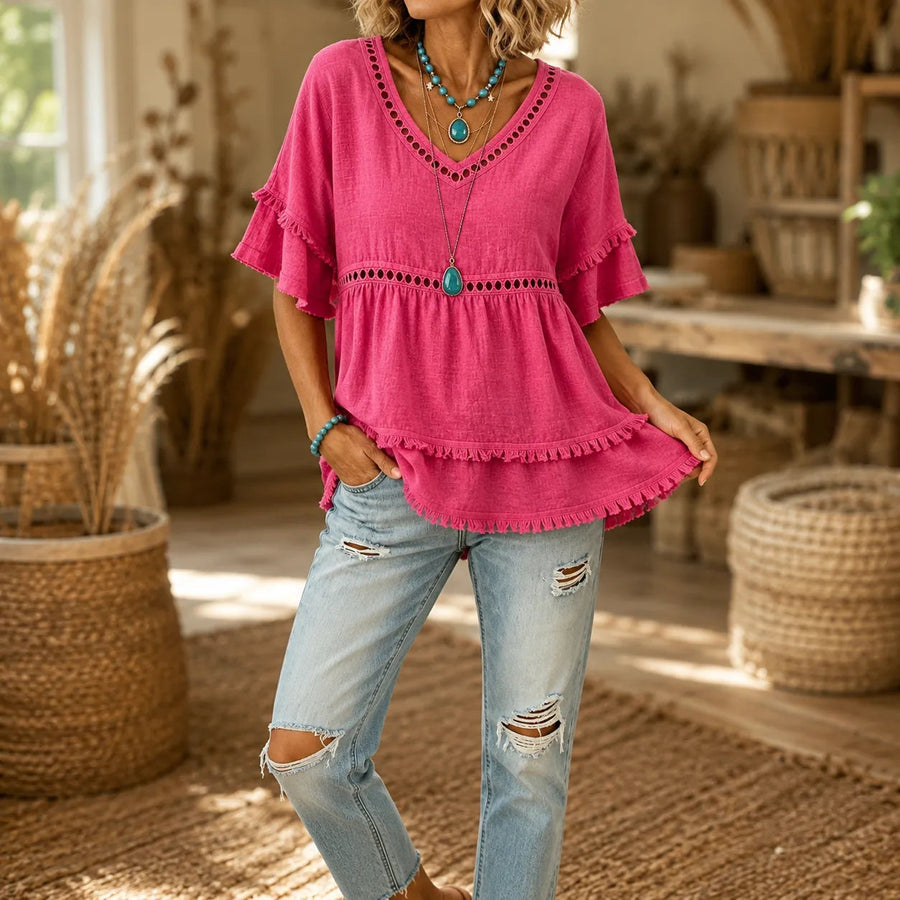 Solavie – Boho V-Neck Fringe Trim Tunic Top for Women