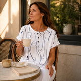 Marellia – Abstract Print Waffle Top with Button Placket