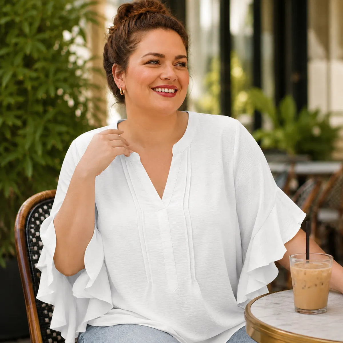 Vivelyn – Women's V-Neck Ruffle Sleeve Blouse, Flowy Casual Top in 4 Colors
