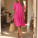 Marelle – Tiered V-Neck Linen-Look Mini Dress with Collar