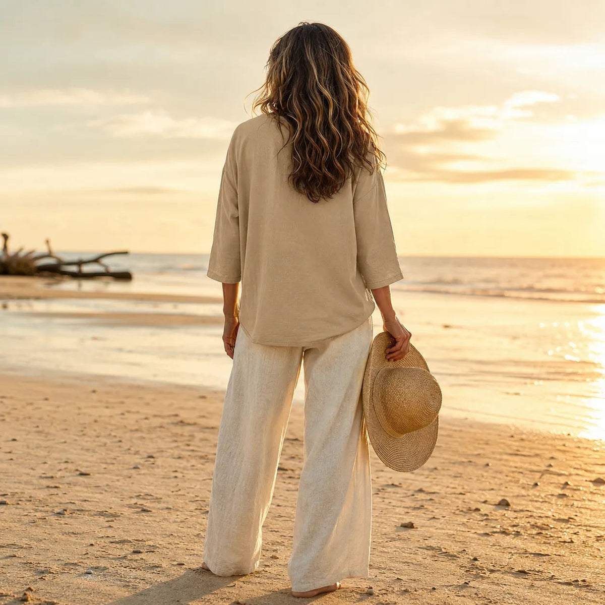 Sereva – Women's Relaxed V-Neck Linnen Blouse with Three-Quarter Sleeves and Curved Hem