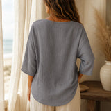 Linvie – Loose V-Neck Linen-Look Blouse with Three-Quarter Sleeves